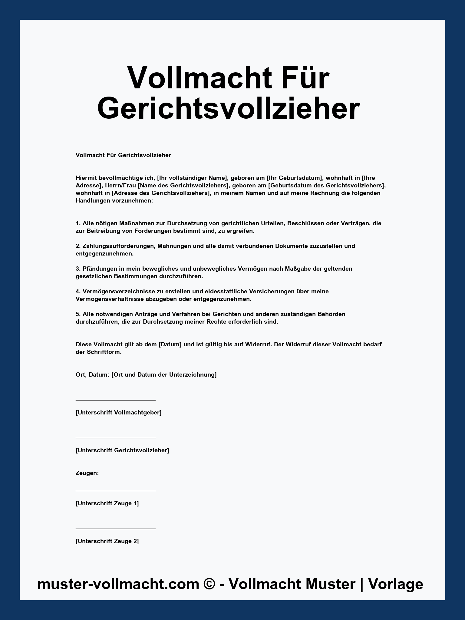 Vollmacht Für Gerichtsvollzieher - Word - PDF