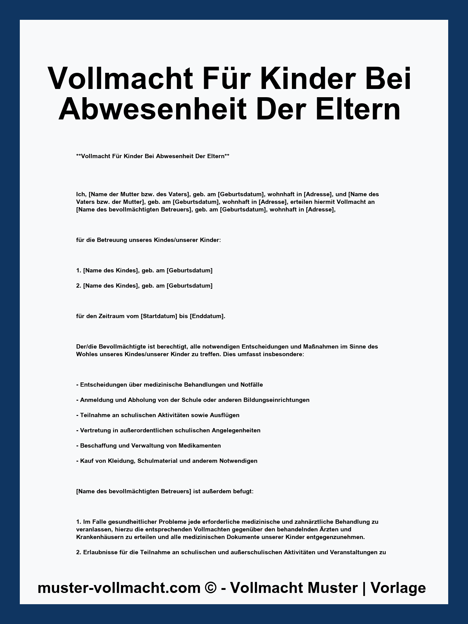 Vollmacht Für Kinder Bei Abwesenheit Der Eltern - Word - PDF