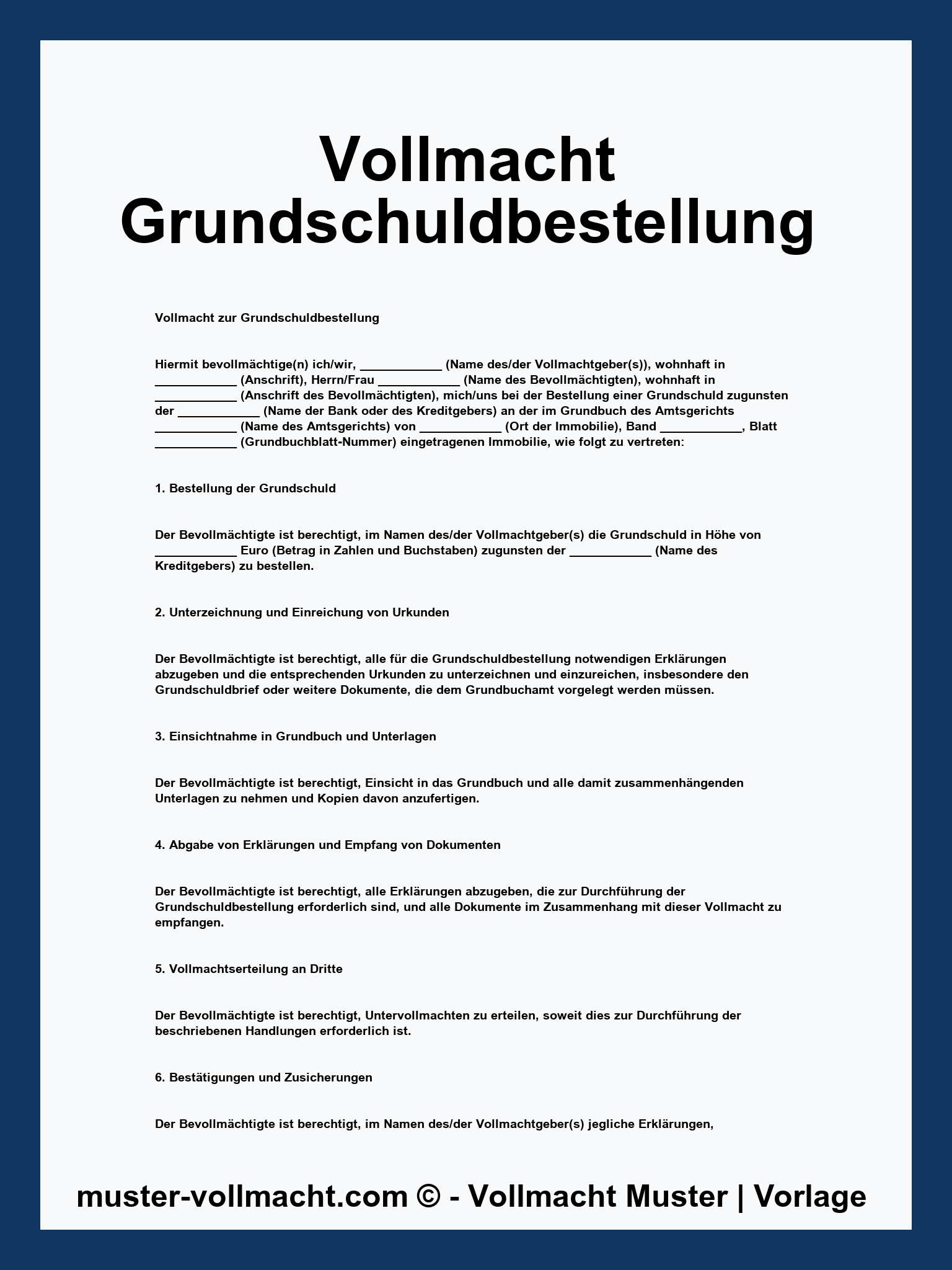 Vollmacht Grundschuldbestellung Muster - PDF - Word