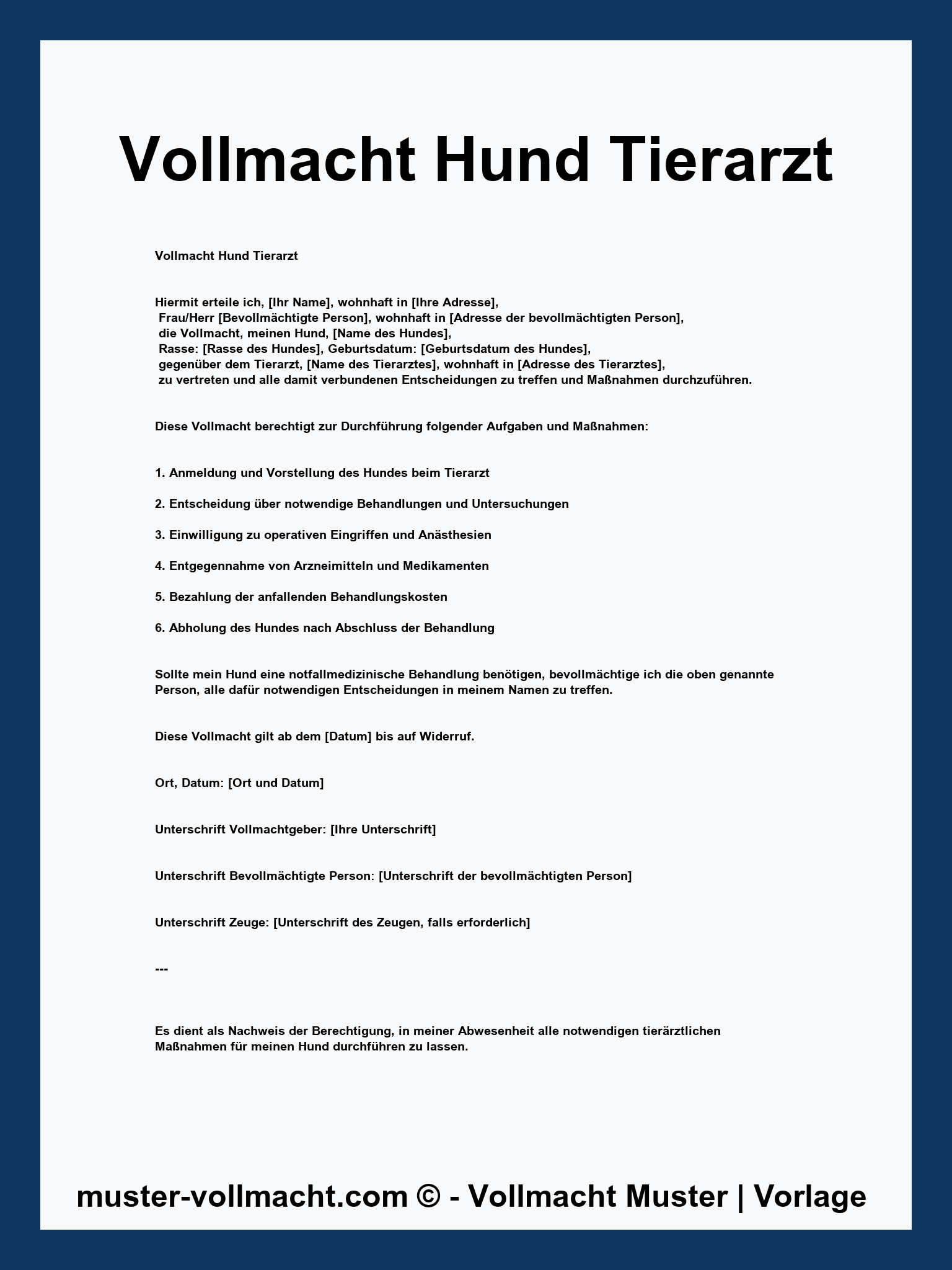 Vollmacht Hund Tierarzt - Word - PDF