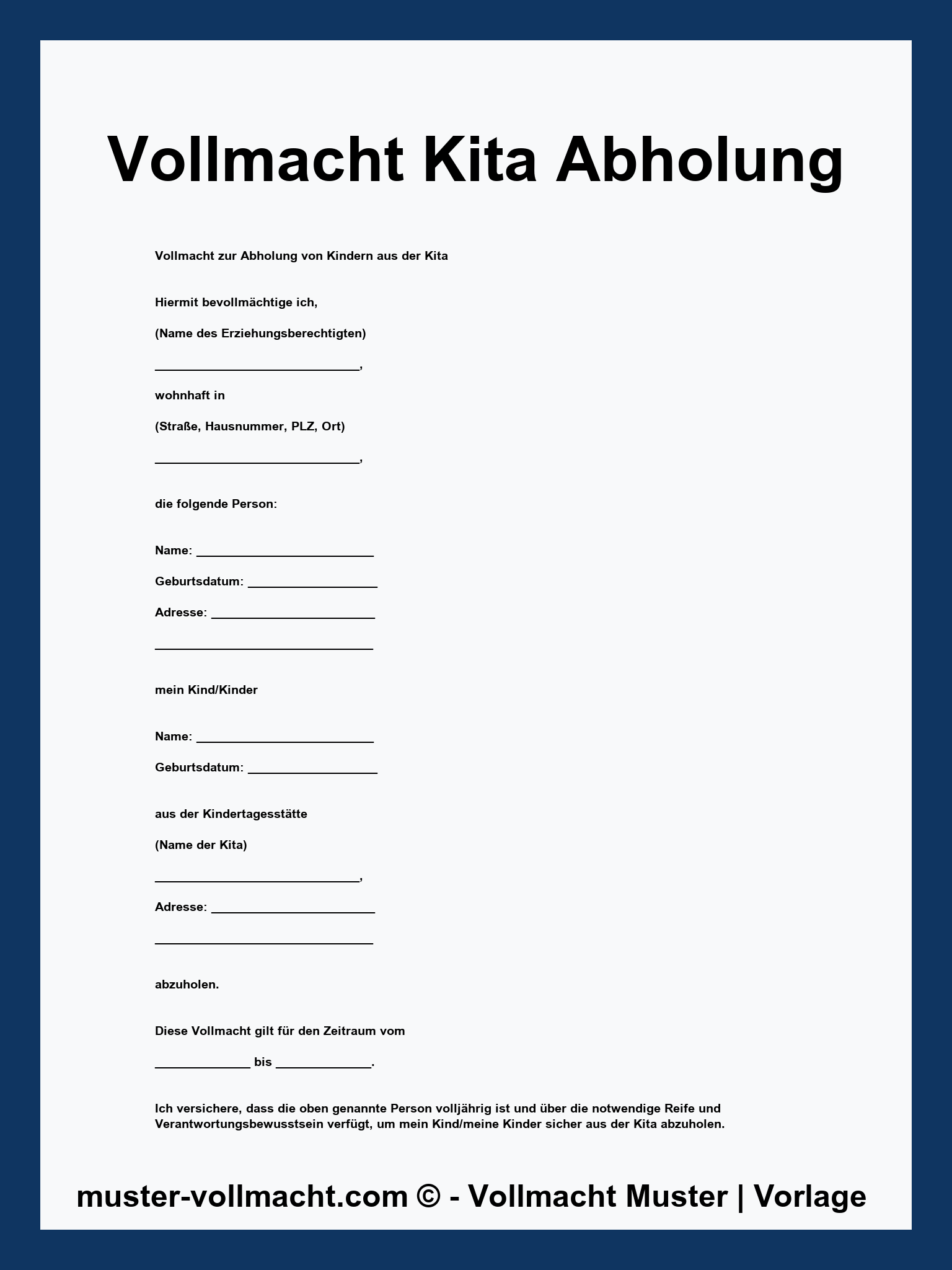 Vordruck Vollmacht Kita Abholung Vorlage - PDF - Word