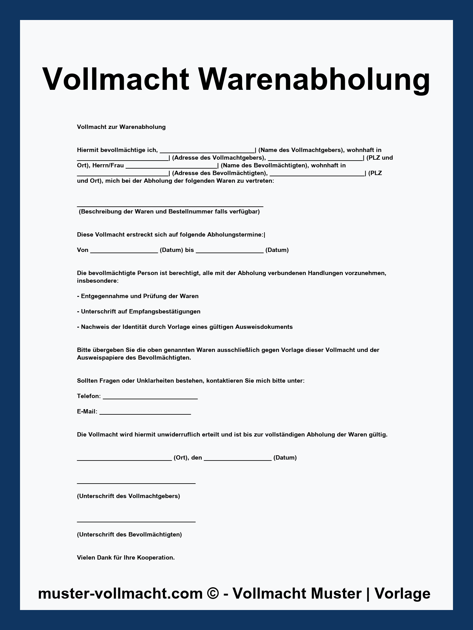 Vollmacht Warenabholung - PDF - Word