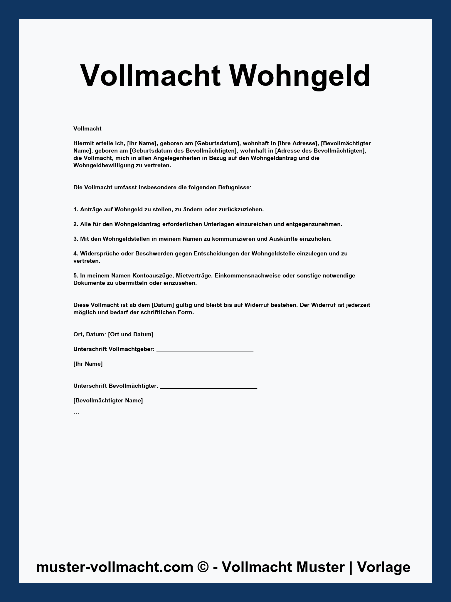 Vollmacht Wohngeld Muster - PDF - Word