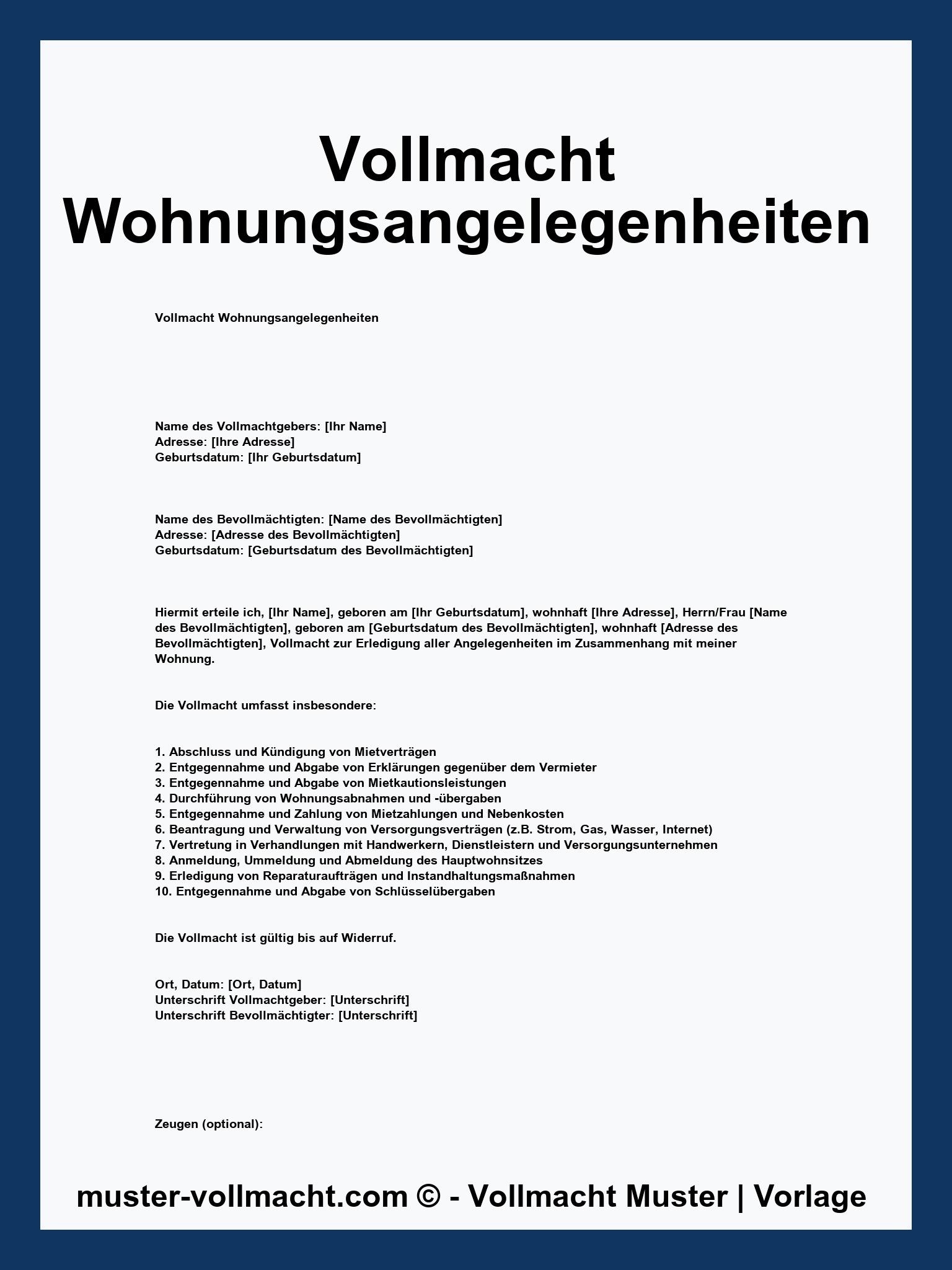 Vollmacht Wohnungsangelegenheiten - Word - PDF