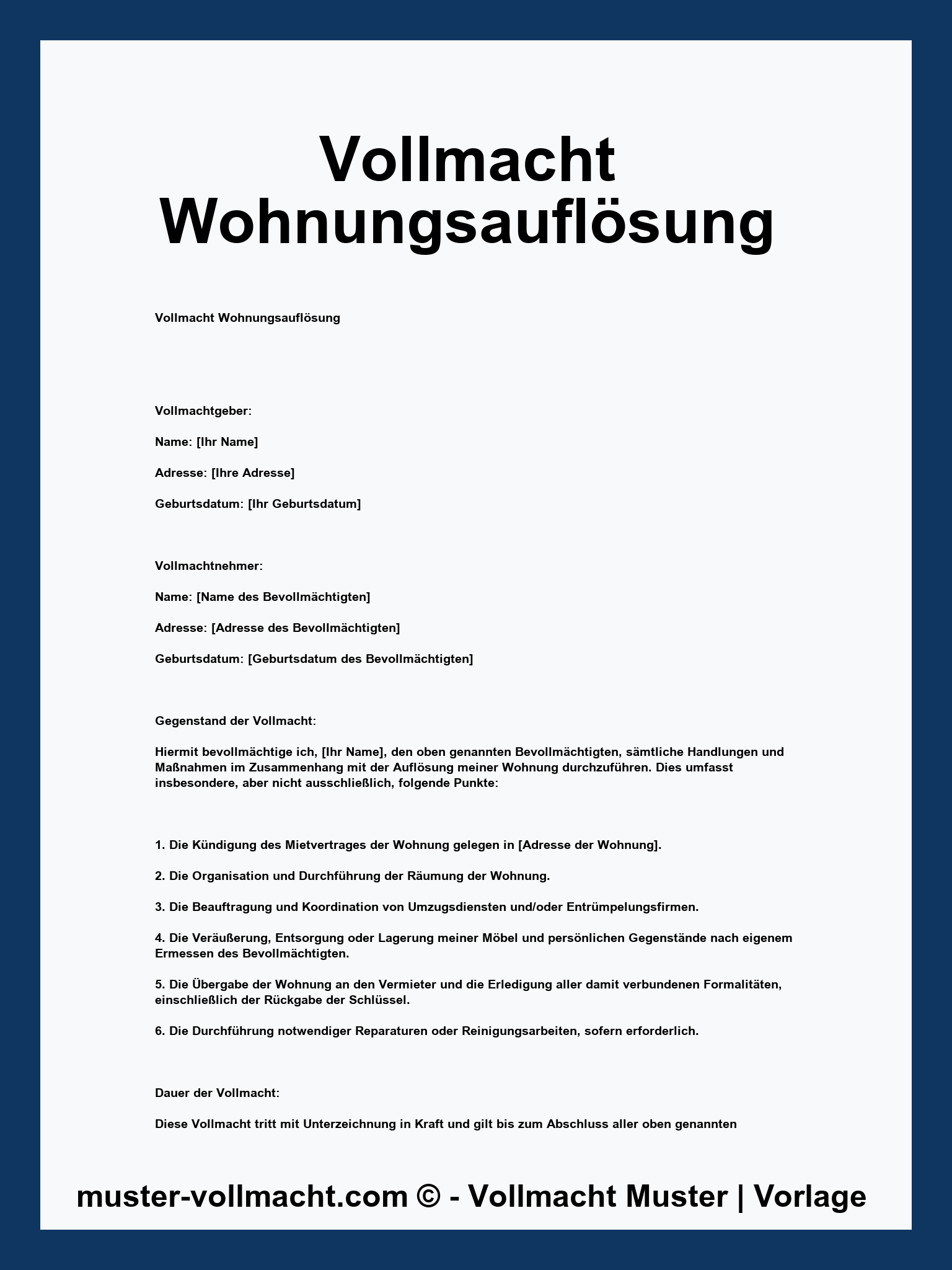 Vollmacht Wohnungsauflösung Muster - Word - PDF